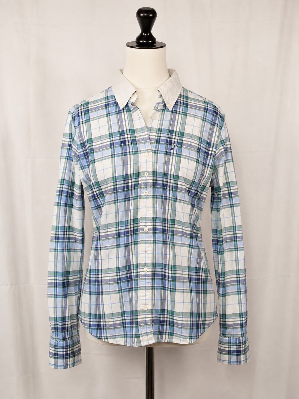 Tommy Hilfiger Custom Fit Shirt S Plaid 100 Cotton Button Down Preppy Blue Green